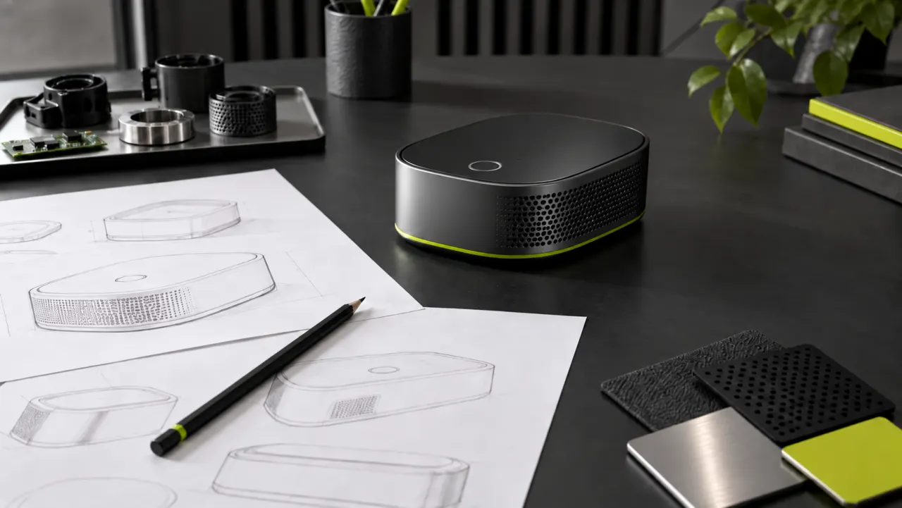 Product development workspace with a generic electronic prototype, sketches, and material samples